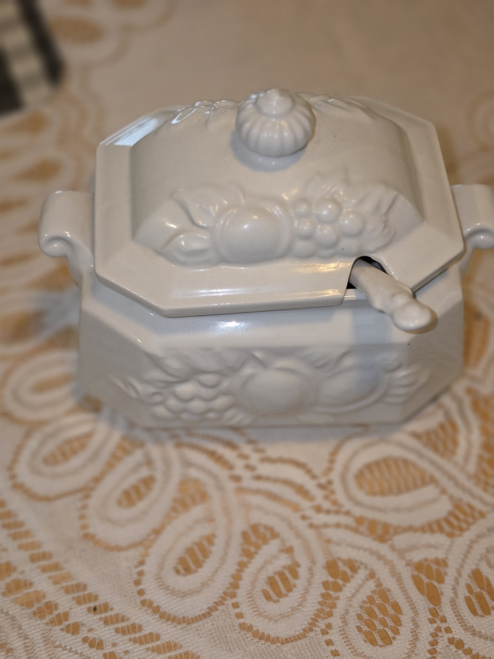 Vintage White Ceramic Covered Gravy Tureen with Spoon